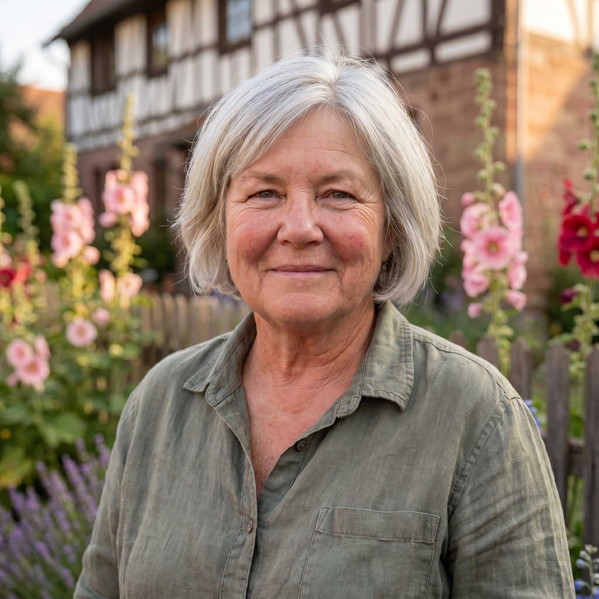 Margarete Faber in ihrem Bauerngarten — handgestimmte Regentrommeln
