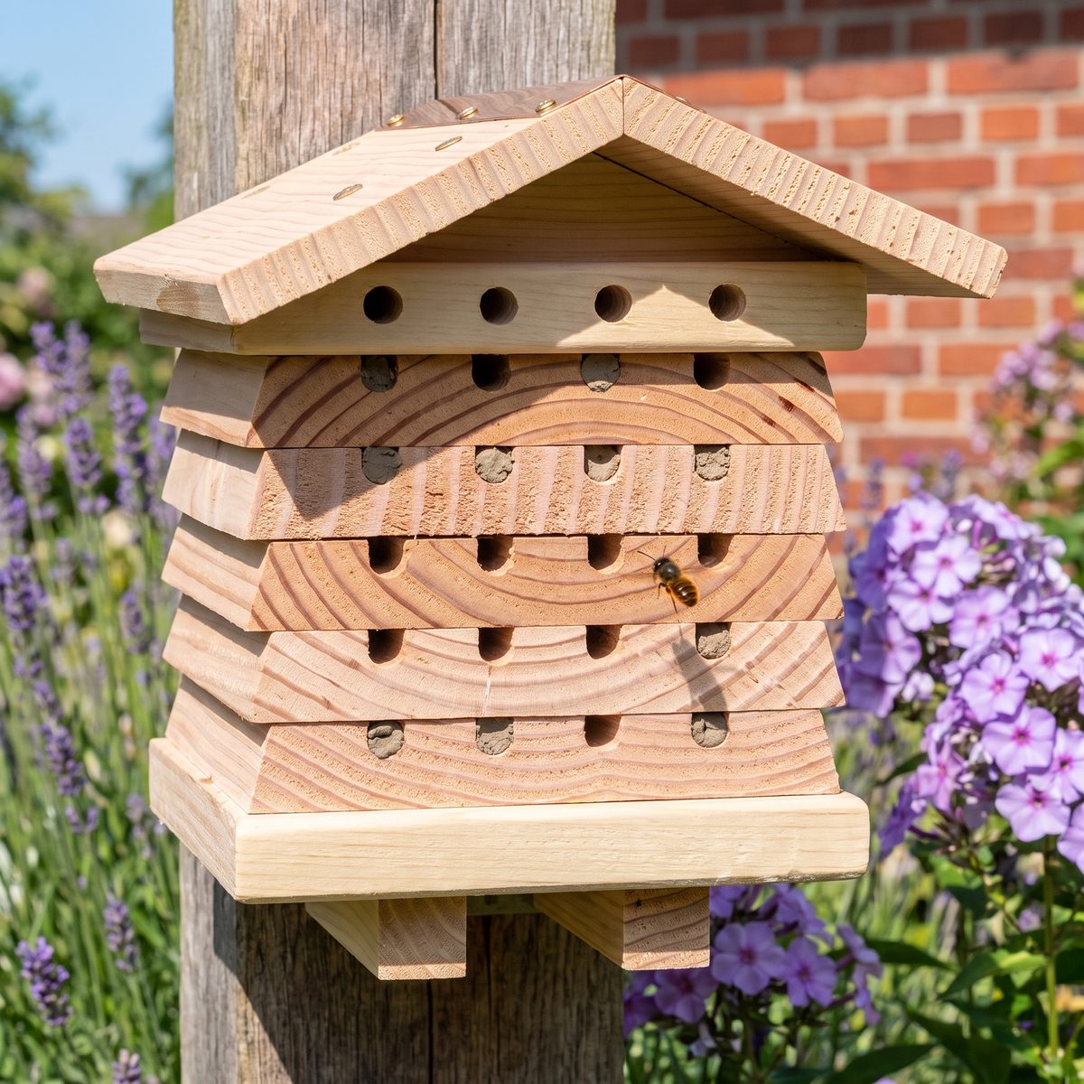 Blütenwächter am Gartenpfosten mit Wildbiene im Anflug