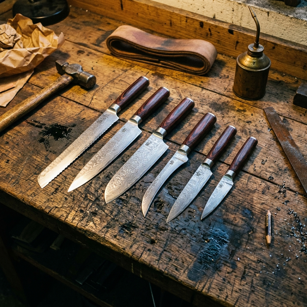 Handgeschmiedetes Damaszener Messer-Set – „Flammenreiter" (6-teilig)