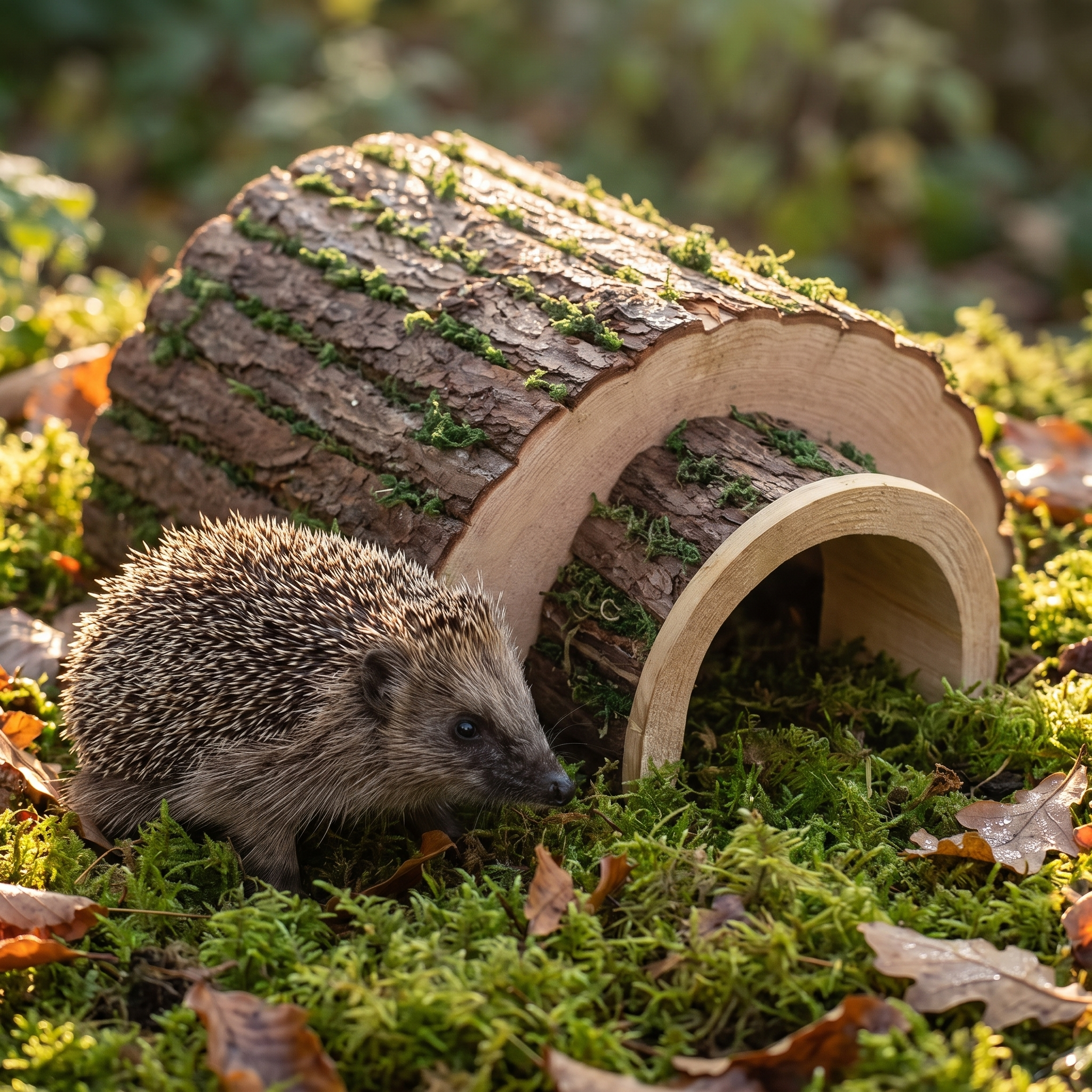 Igel schaut aus der Naturrinden-Höhle
