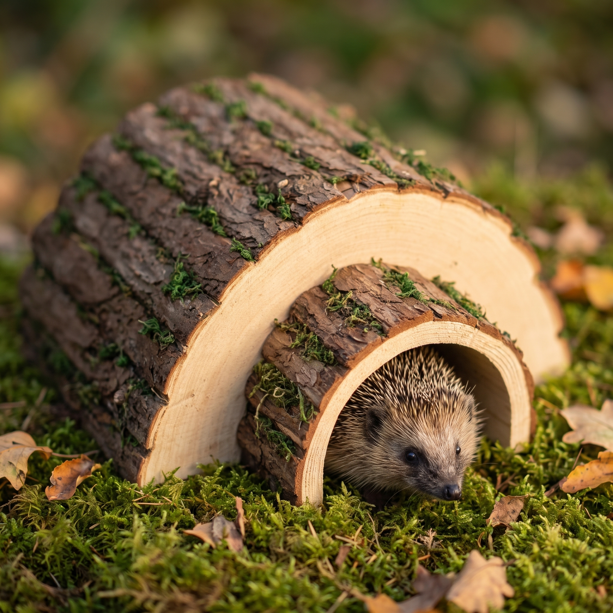 Igel kommt aus der Naturrinden-Igelhöhle