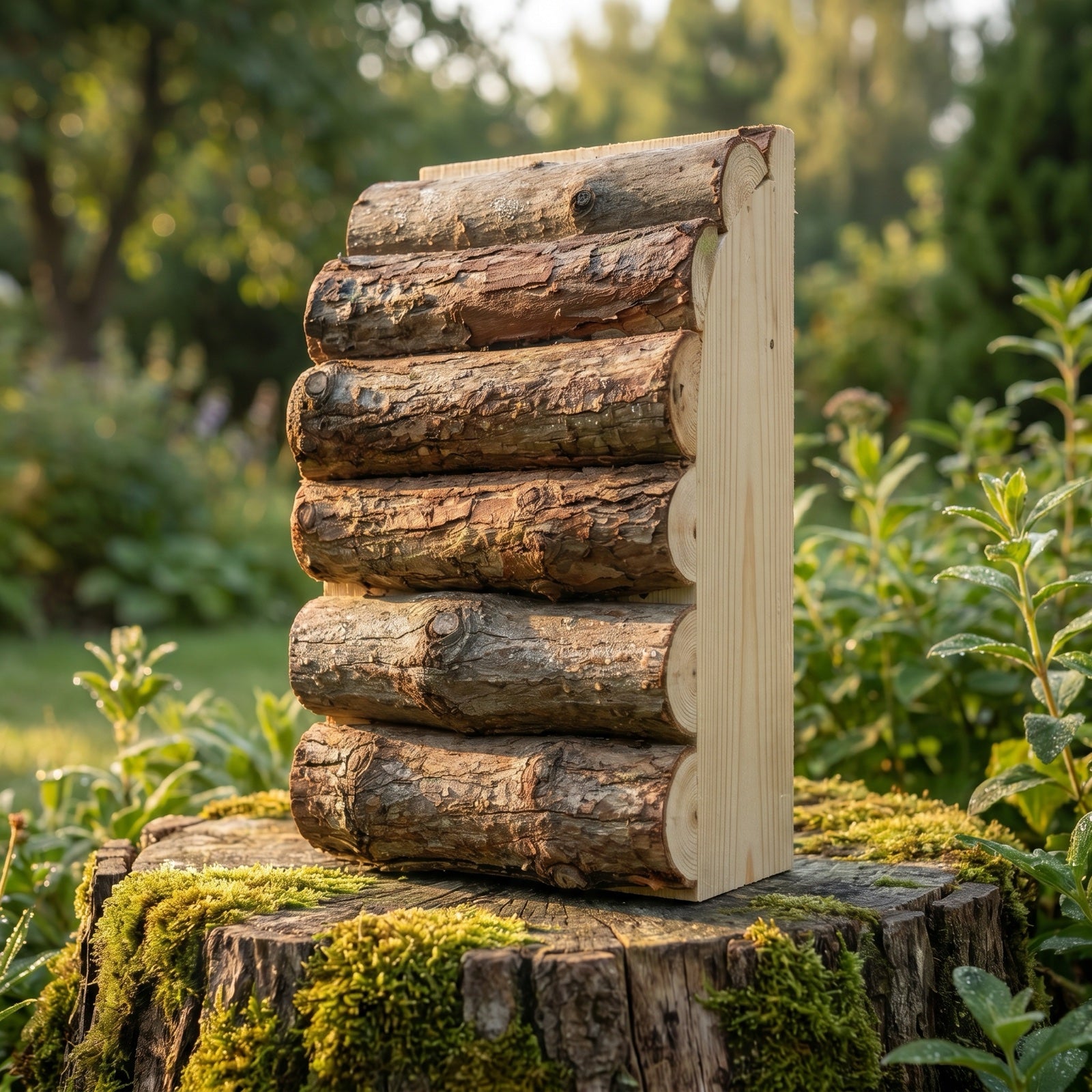 Werners handgebauter Fledermauskasten aus rindenbelassener Robinie und Eiche auf einem Baumstumpf im Garten