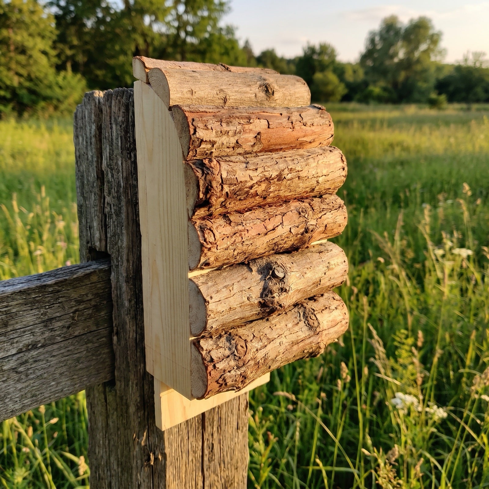 Fledermauskasten auf einem Holzpfosten am Wiesenrand im Morgenlicht