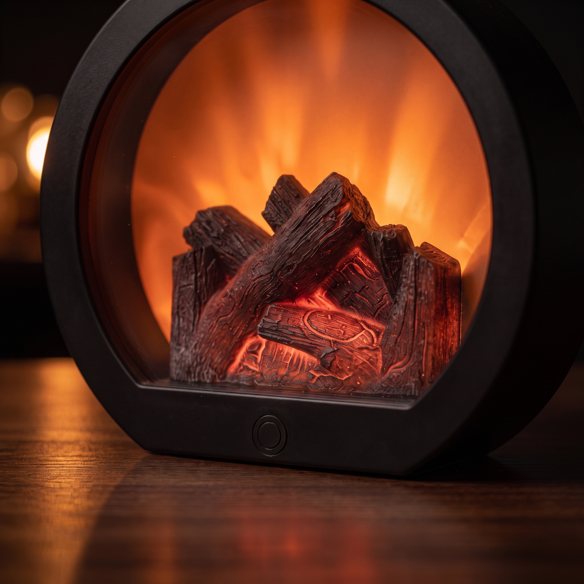 Kaminfeuer: runde Kaminlaterne mit handbemalten Scheiten und glühender Glut, Nahaufnahme