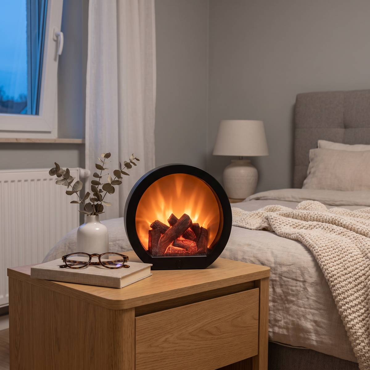 Das Kaminfeuer auf dem Nachttisch im Schlafzimmer