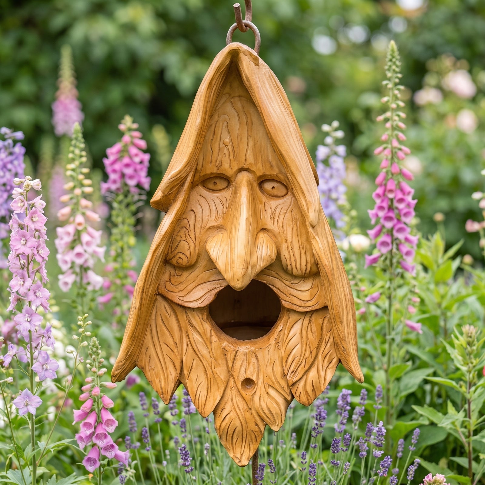 Waldschrat-Vogelhaus Frontansicht im Garten