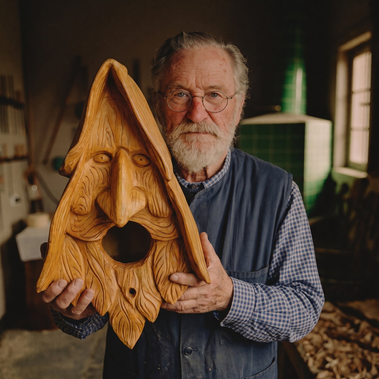 Reinhard Uhlig haelt das Waldschrat-Vogelhaus in der Schnitzstube