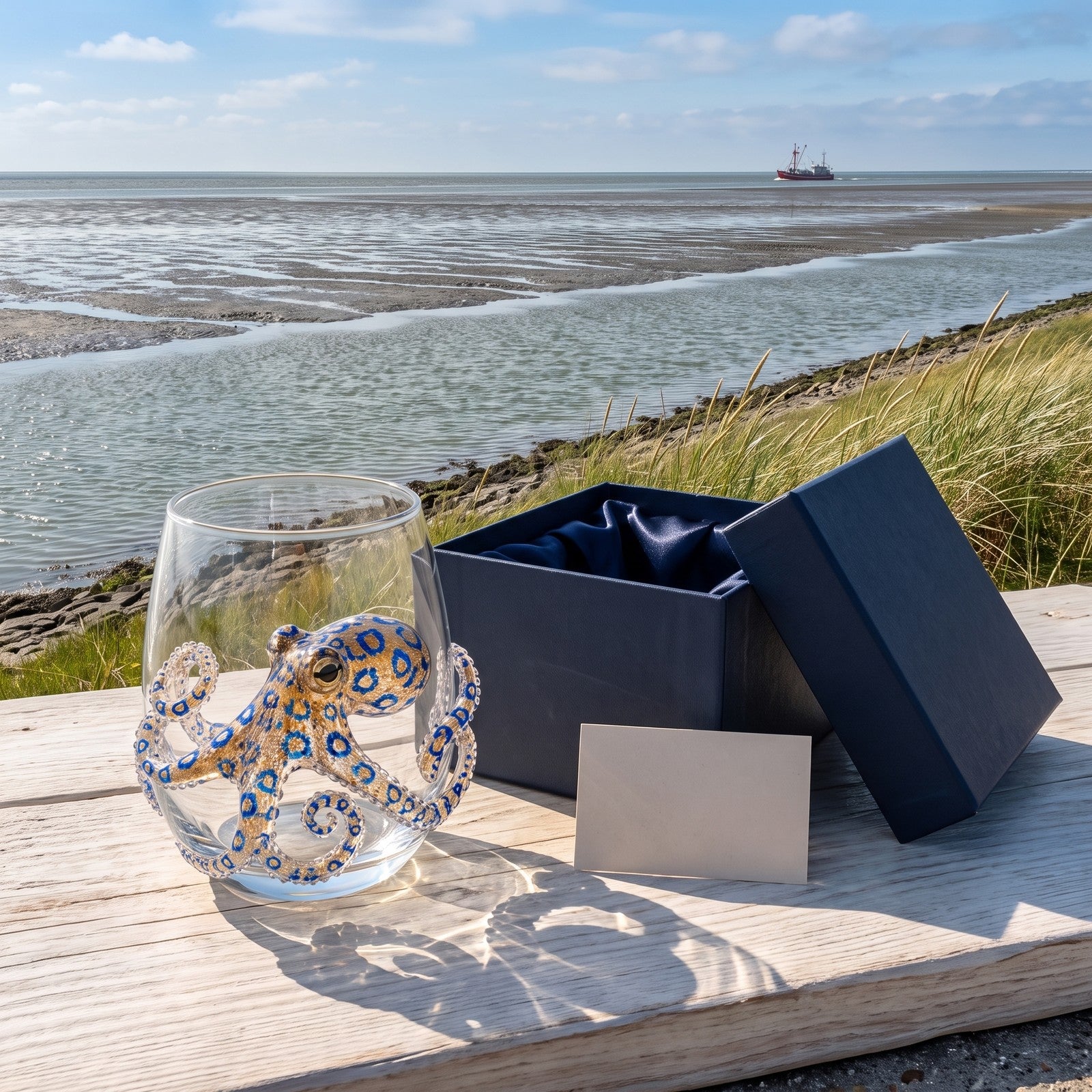 Glas mit dunkelblauer Geschenkschachtel
