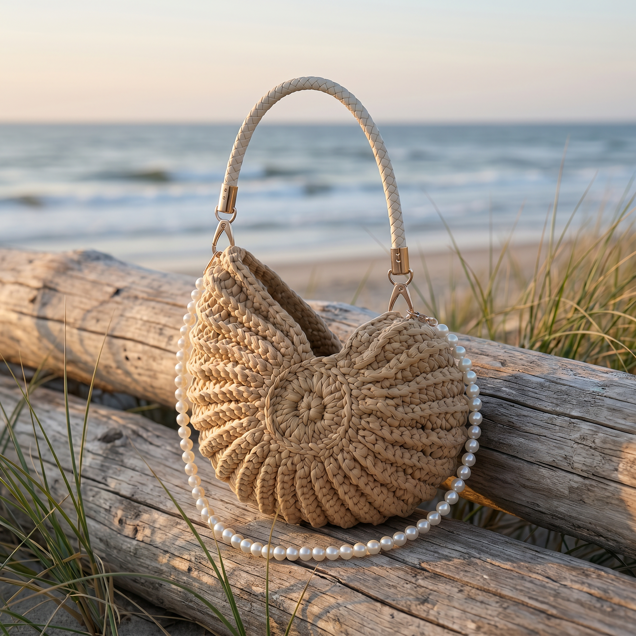 Inses handgewebte Muschel-Tasche auf Treibholz in den Nordsee-Duenen