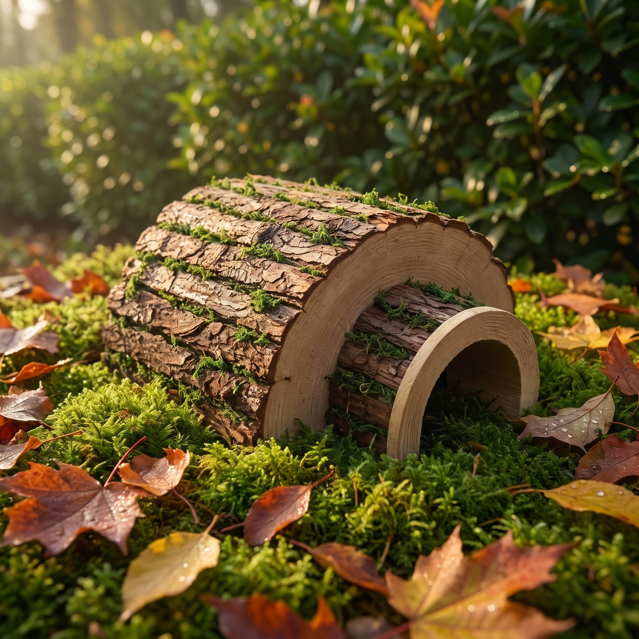 Igelhöhle unter einer Gartenhecke mit Herbstlaub