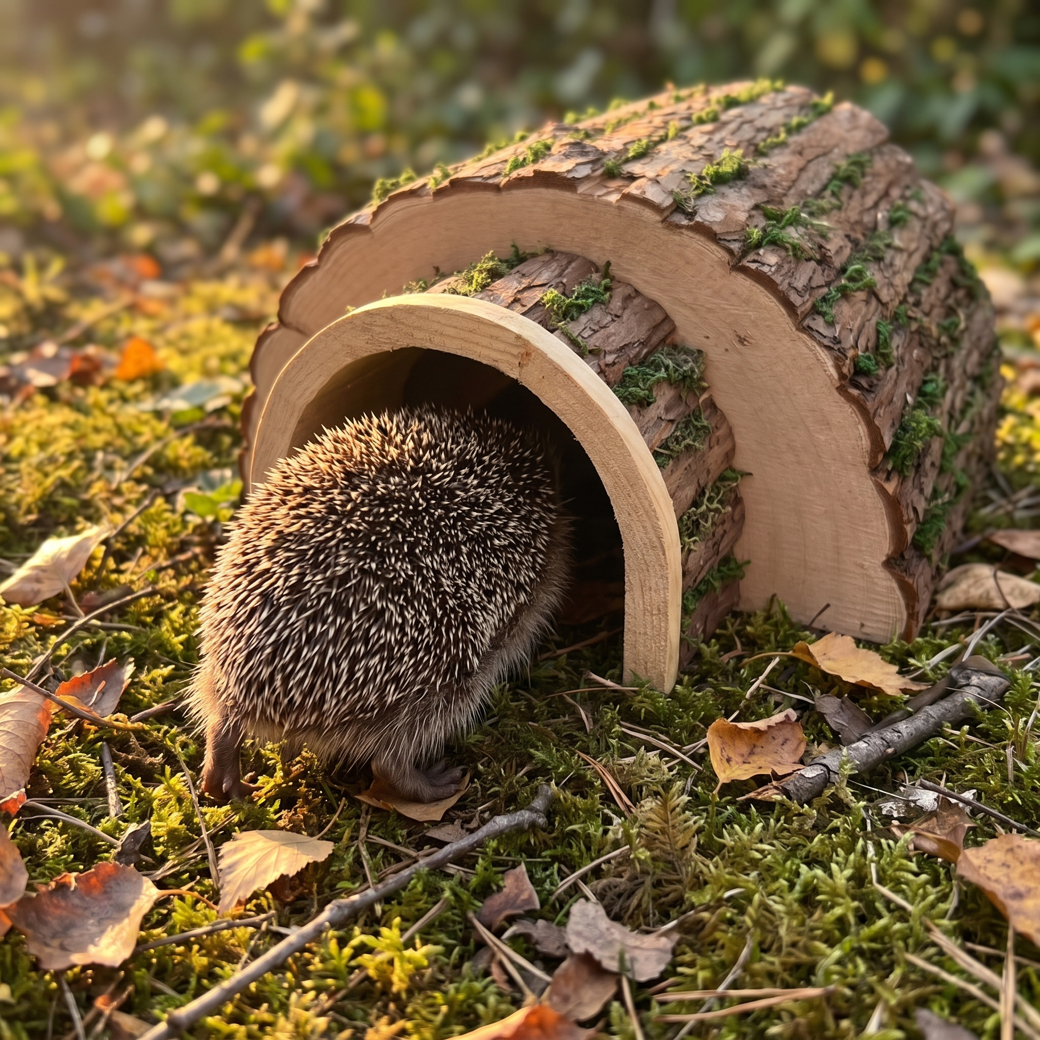 Igel geht in der Abenddämmerung in die Igelhöhle