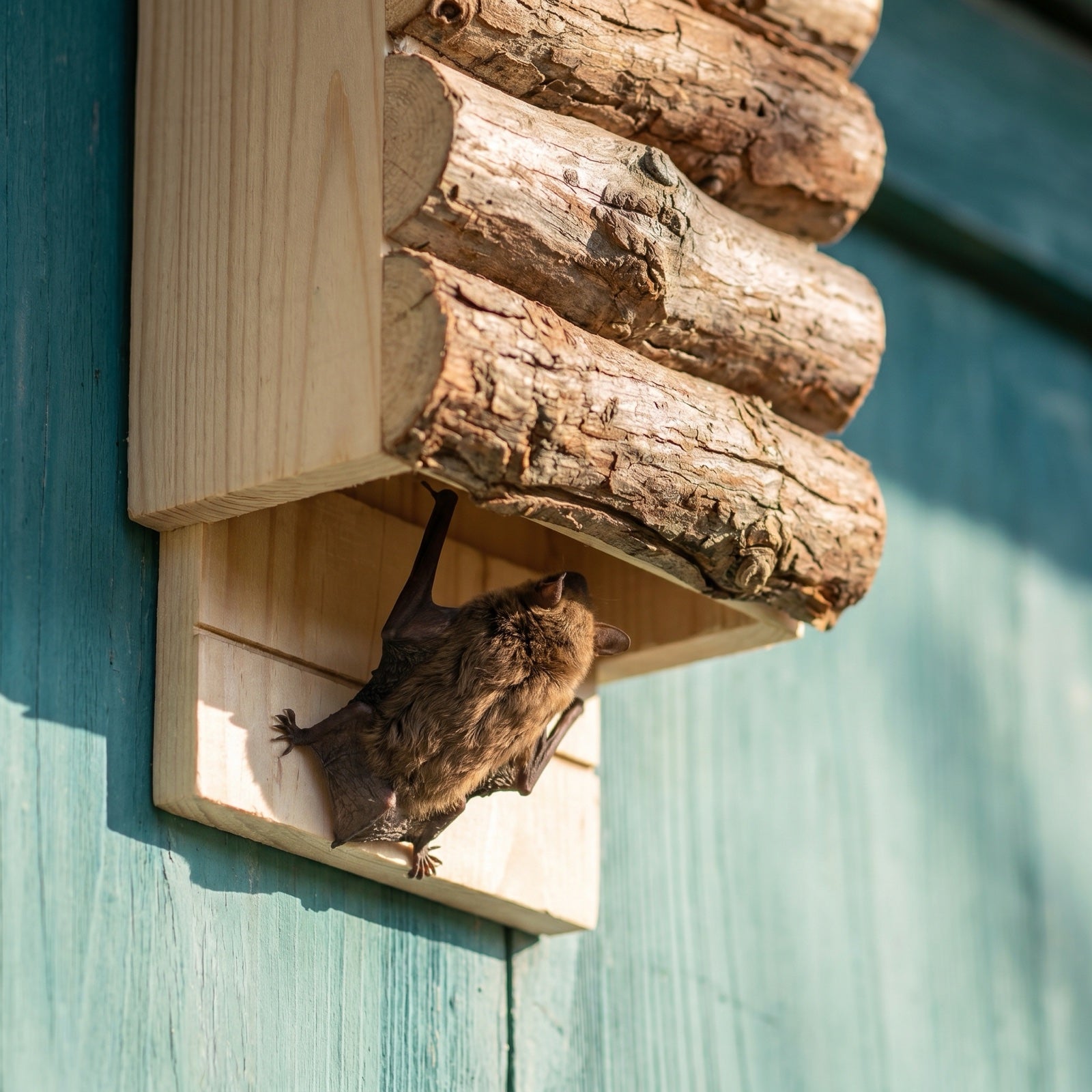 Fledermaus klettert von unten durch den offenen Boden in den Kasten