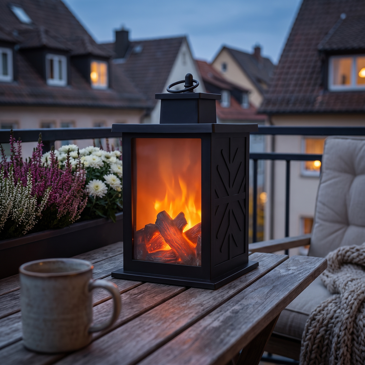 Hüttenlaterne: eckige Kaminlaterne mit Tragering auf dem Balkon am Abend