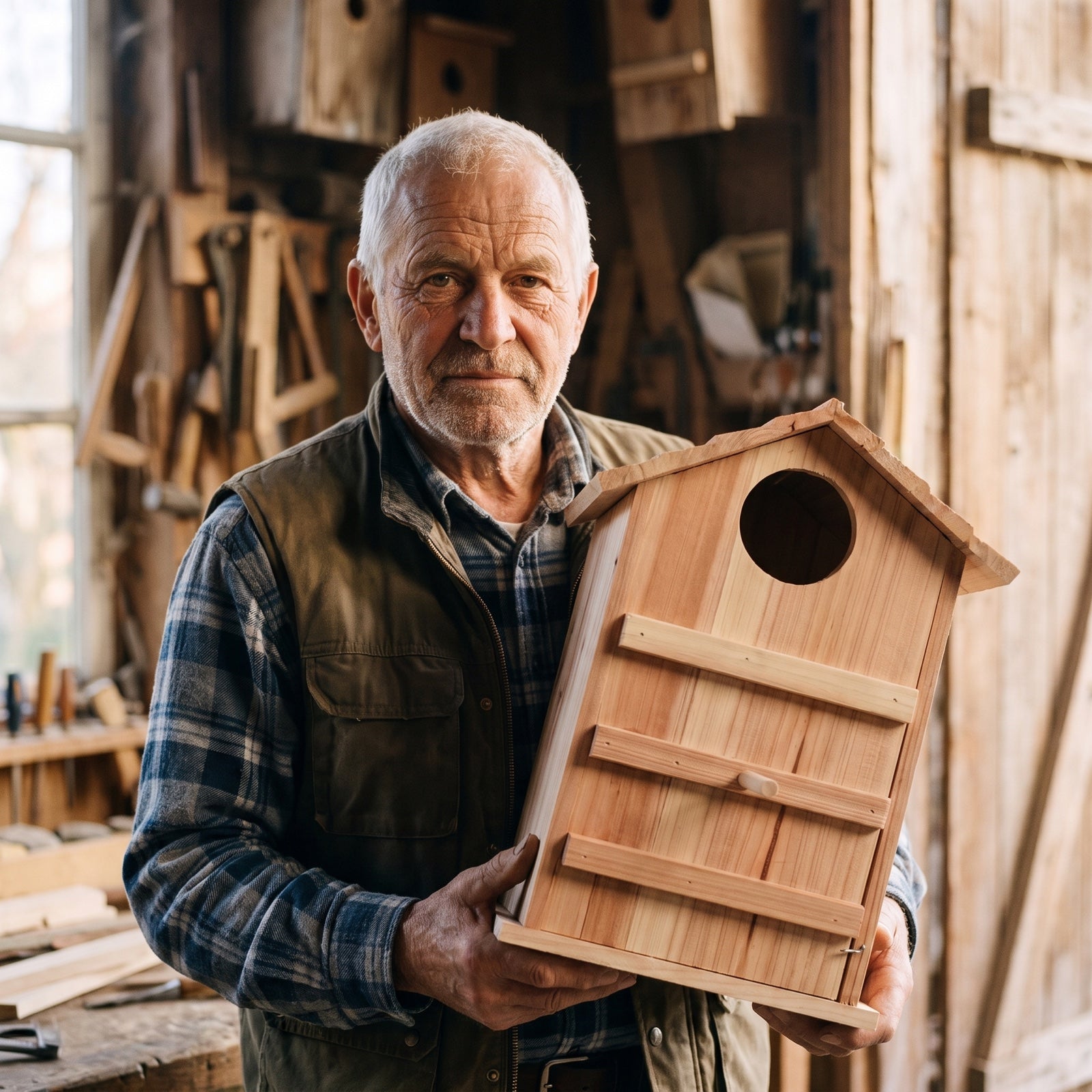 Willi Terhorst haelt einen seiner handgebauten Steinkauz-Kaesten in der Werkstatt