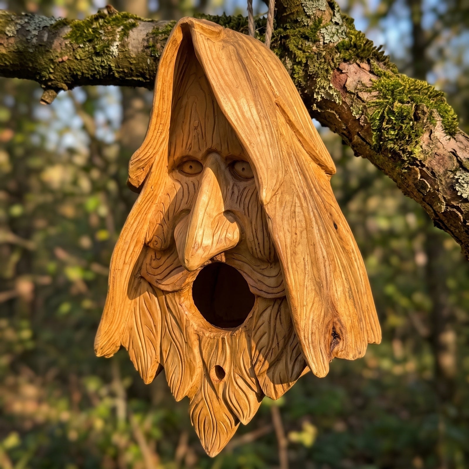 Waldschrat-Vogelhaus im Seitenwinkel am Ast