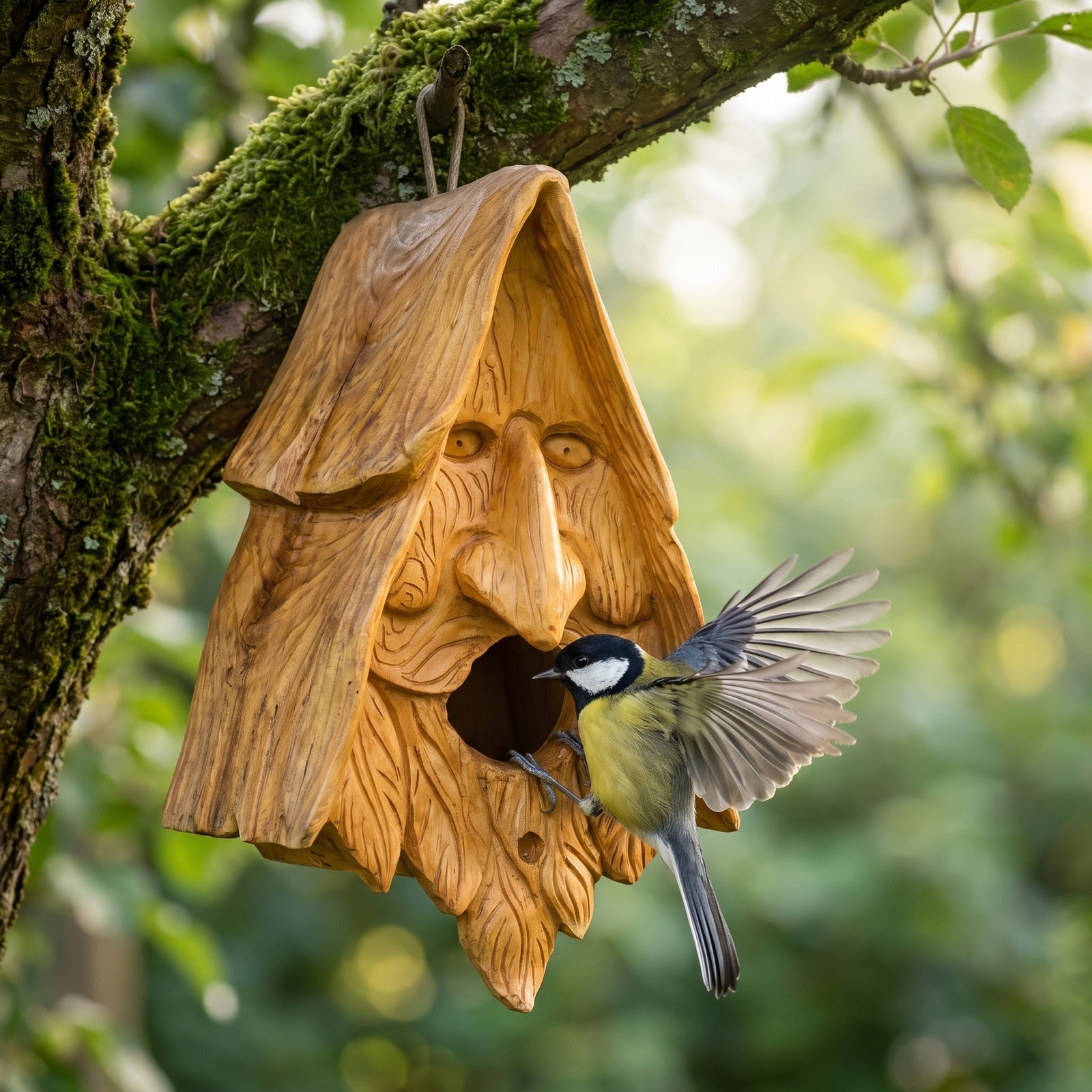 Kohlmeise im Anflug am Einflugloch des Vogelhauses